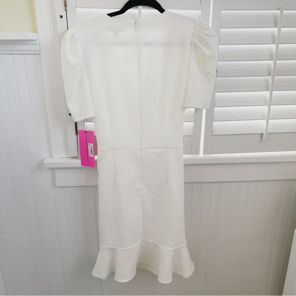 Betsey Johnson NWT Off White Puff Sleeve Faux Wrap Dress Size 12 - Picture 2 of 7